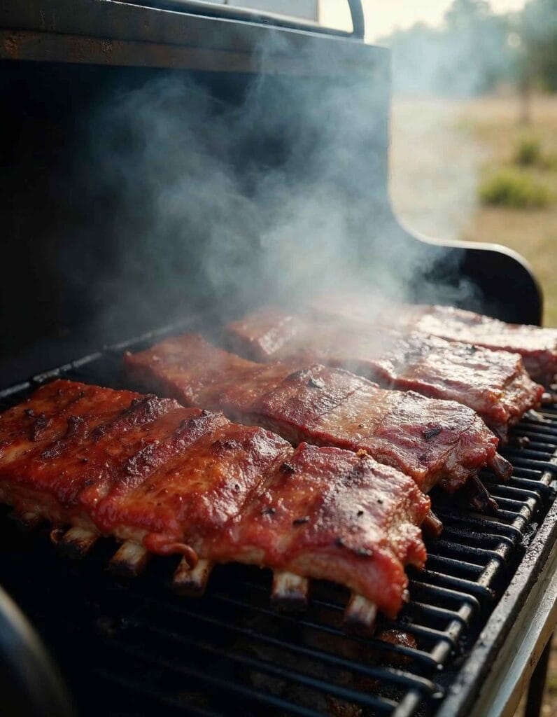 Beef back ribs on a smoker with a smoky, golden-brown crust.