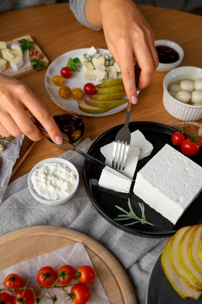 A bowl of fresh cottage cheese with fruits and herbs.