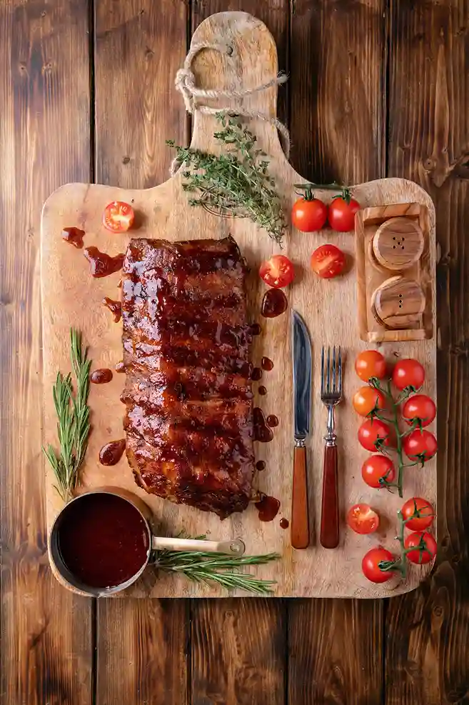 Juicy back ribs with a caramelized glaze on a wooden serving board.