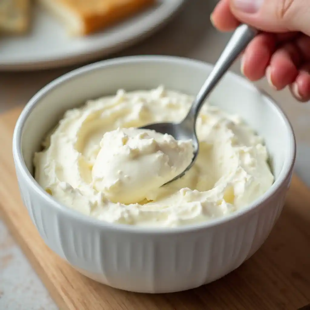 Cottage cheese being stirred in a bowl with a spoon.