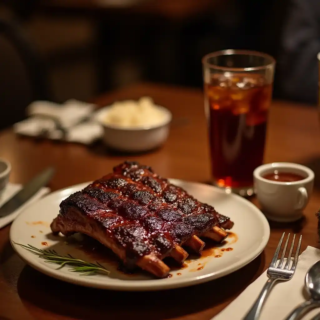 A serving of beef back ribs with a glass of soda on a table