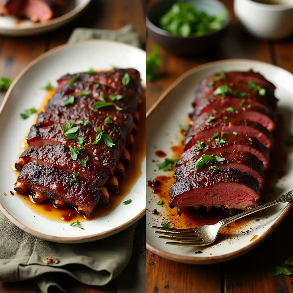 A side-by-side comparison of beef back ribs and short ribs, both cooked and garnished