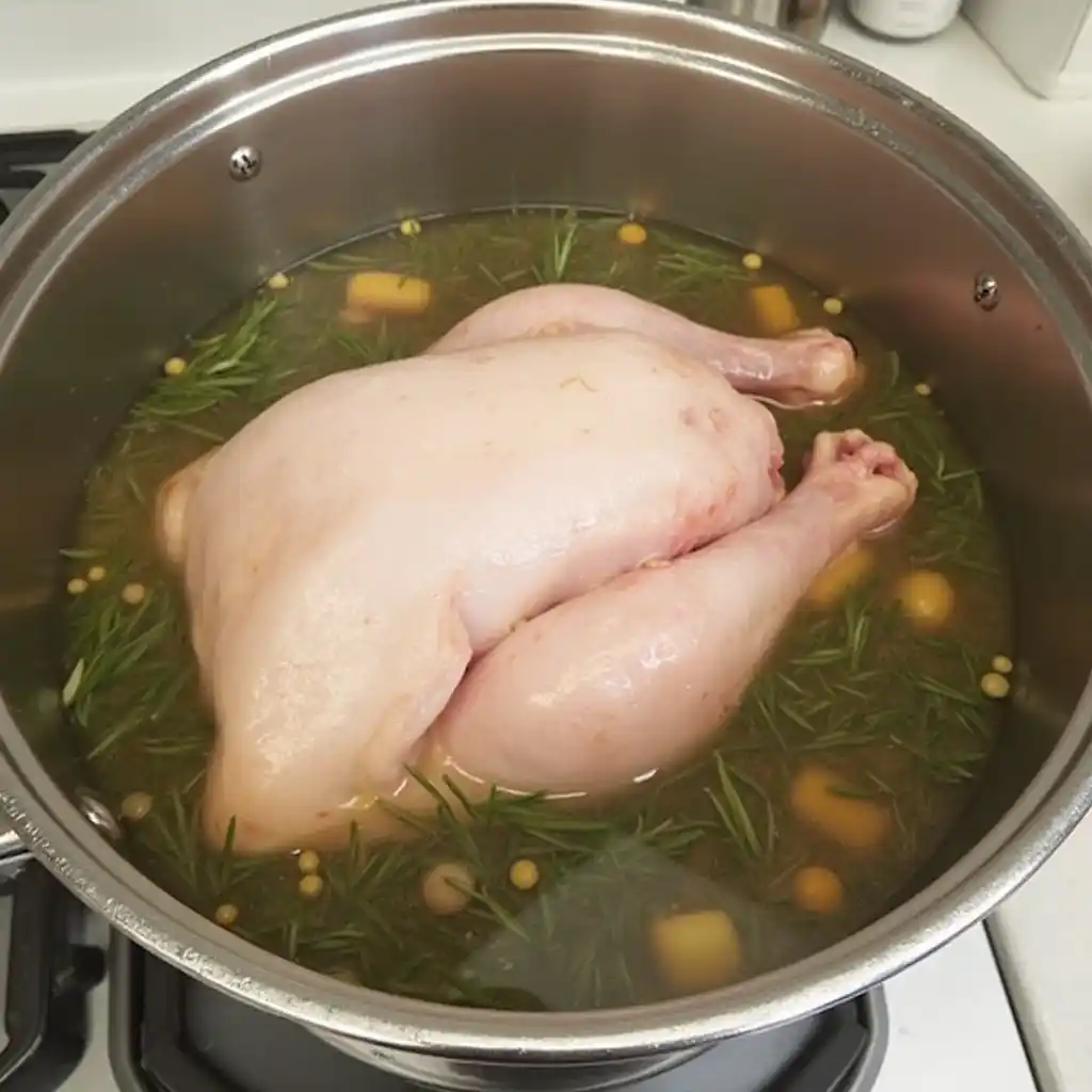 Turkey breast submerged in a large pot of brine with herbs and garlic.