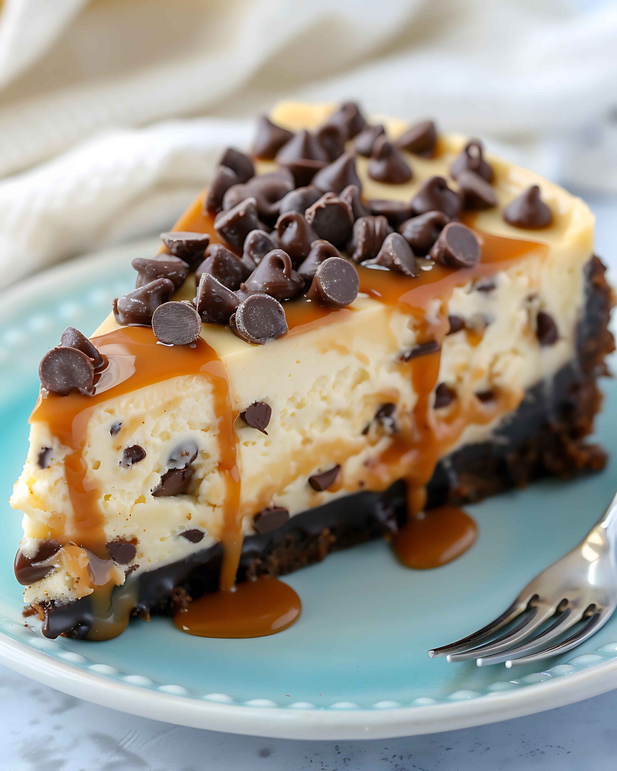 A slice of Snickers cheesecake topped with caramel and chocolate drizzle.