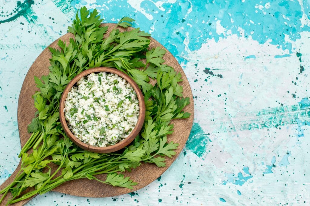 Cottage cheese with a sprig of parsley served in a minimalistic setting.