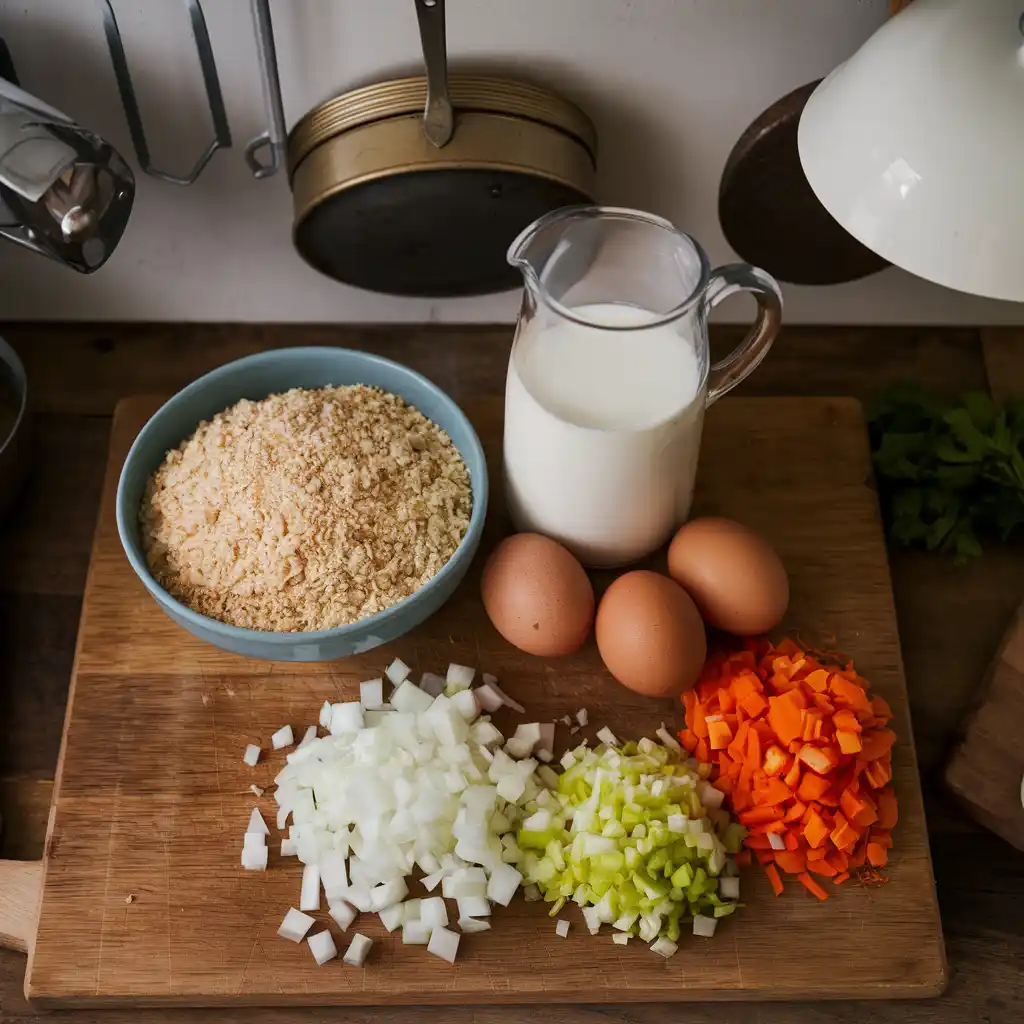 Ingredients for meatloaf, including breadcrumbs, eggs, milk, and chopped vegetables