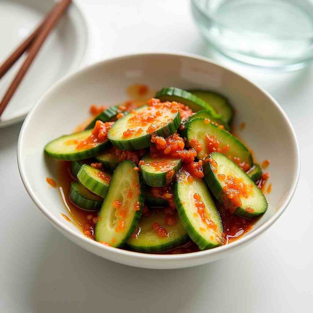 Fresh cucumber kimchi in a serving bowl, showing its vibrant green and red colors.