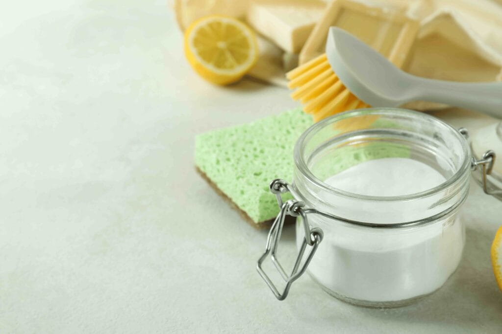 Natural grill cleaning items like vinegar, baking soda, and lemon juice on a countertop.