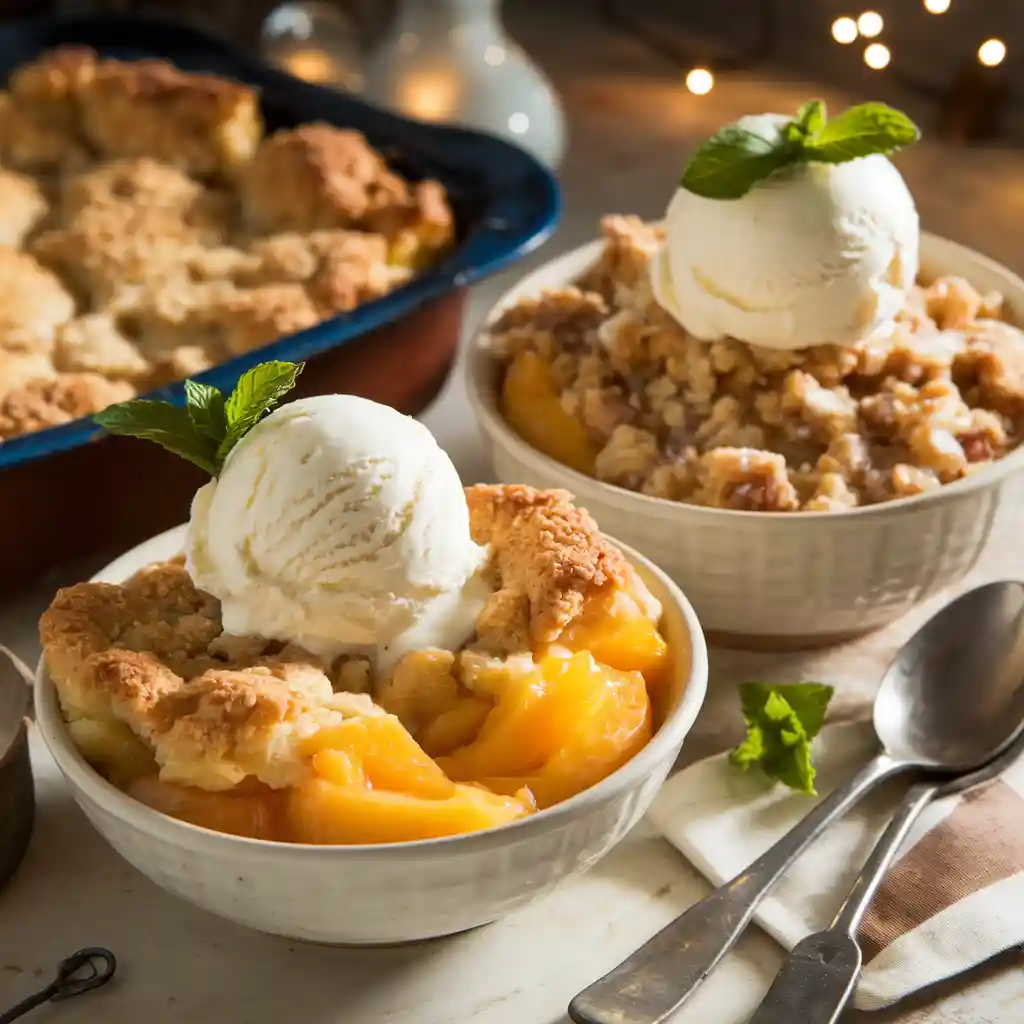 Peach cobbler and crumble served with vanilla ice cream on top.
