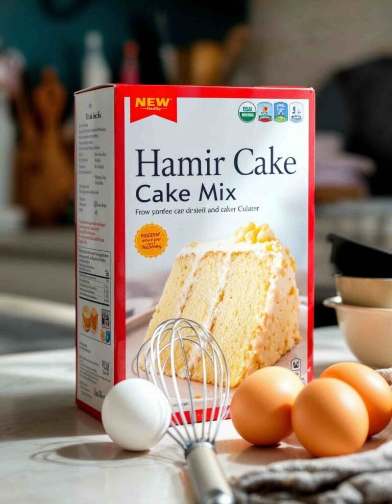 A box cake mix with eggs and other ingredients on a kitchen counter