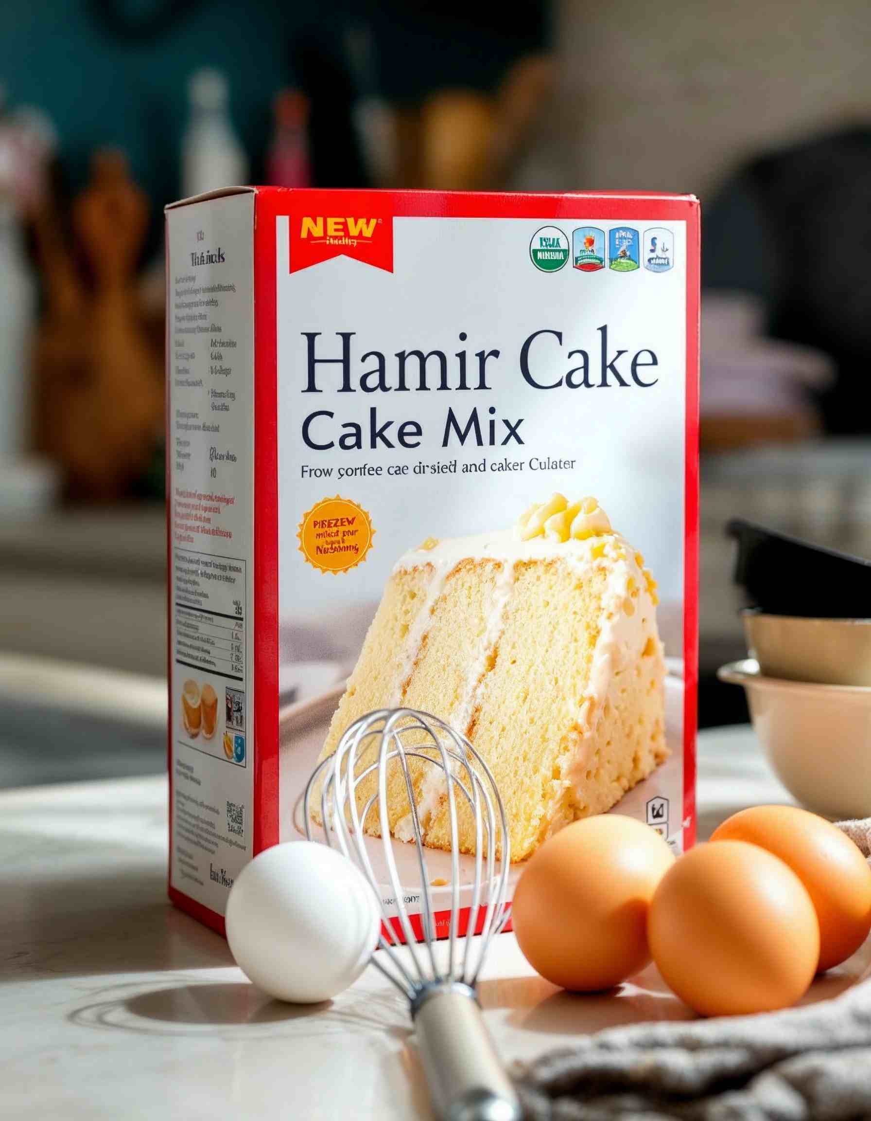 A box cake mix with eggs and other ingredients on a kitchen counter