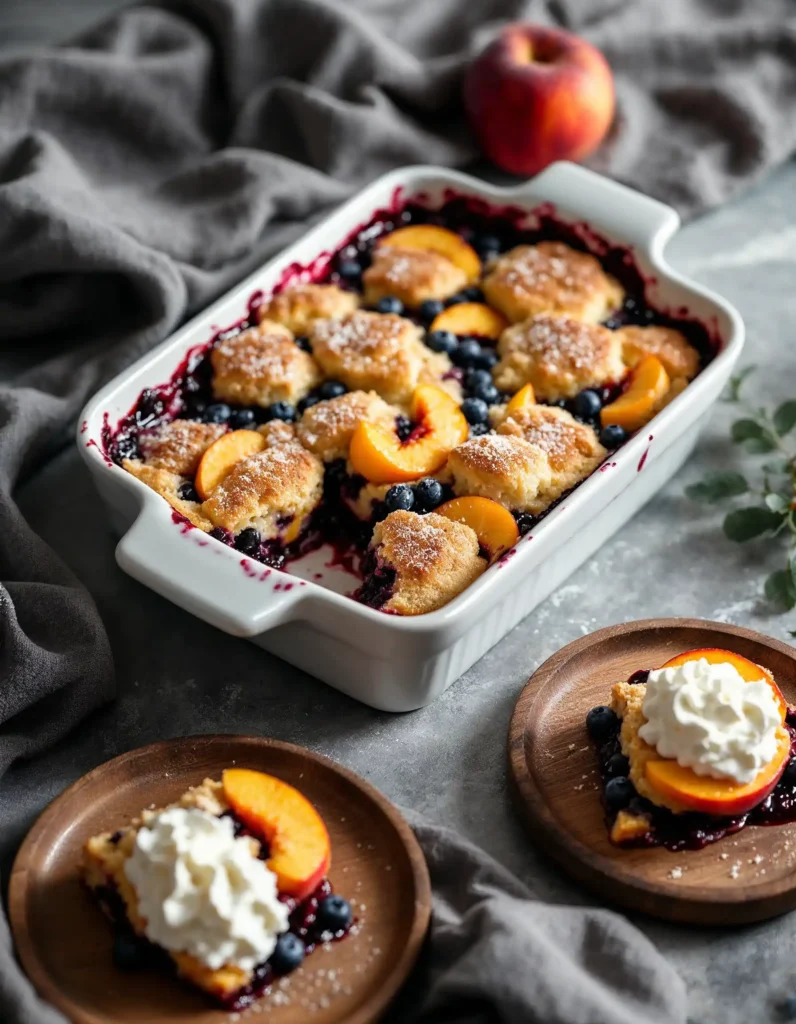 Berry-peach cobbler in a baking dish