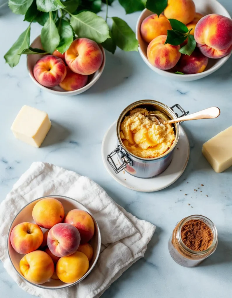 ngredients for peach cobbler laid out on a table