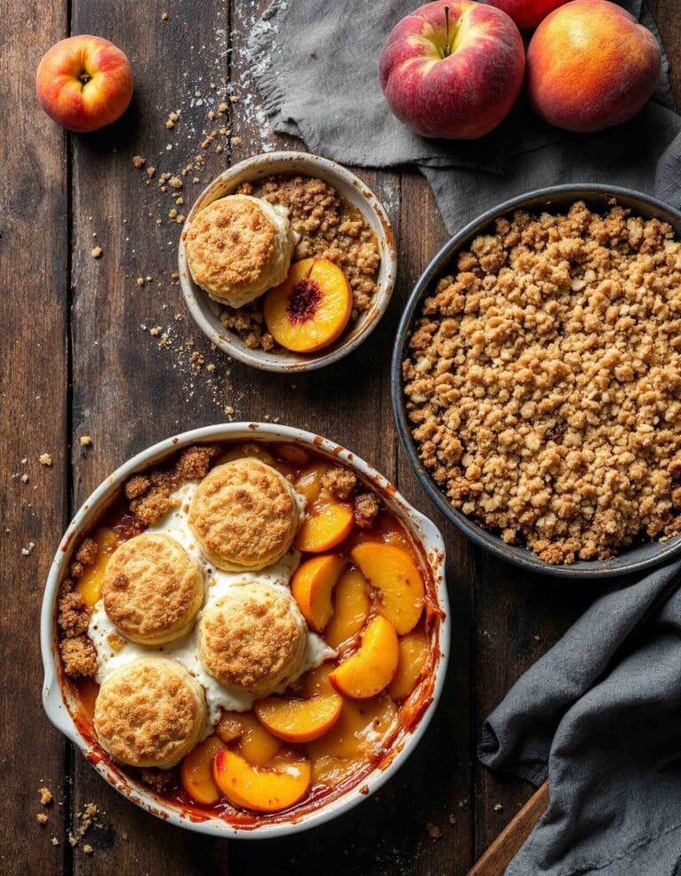 A comparison image of peach cobbler and peach crumble in baking dishes.