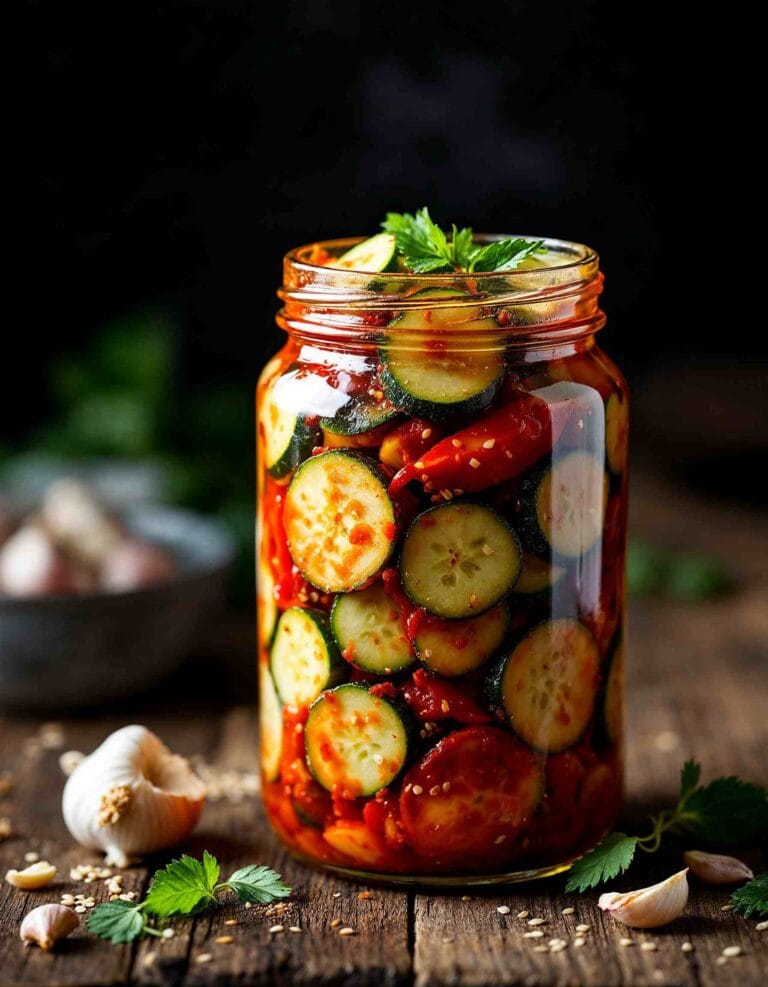 Fresh cucumber kimchi in a glass jar.