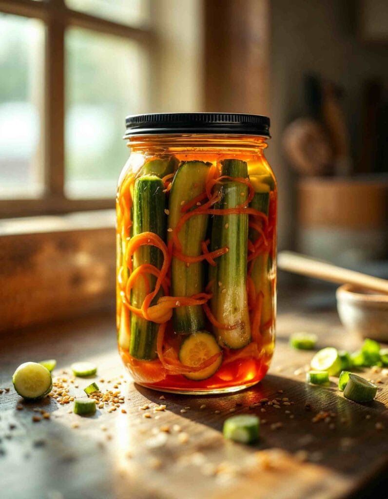 Weighing down kimchi in a jar to keep it submerged.