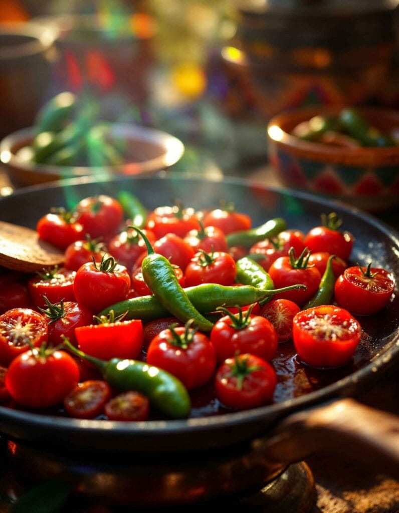 Roasted tomatoes and chili peppers on a comal.