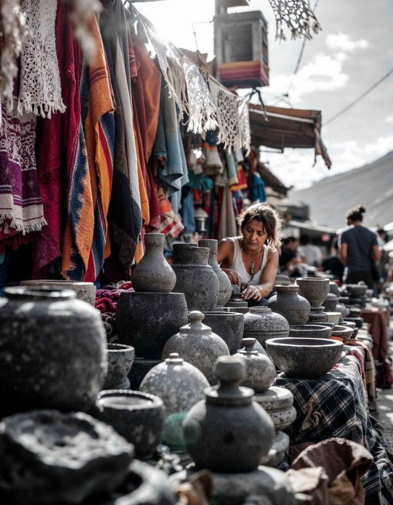 Display of molcajetes in a Mexican market.