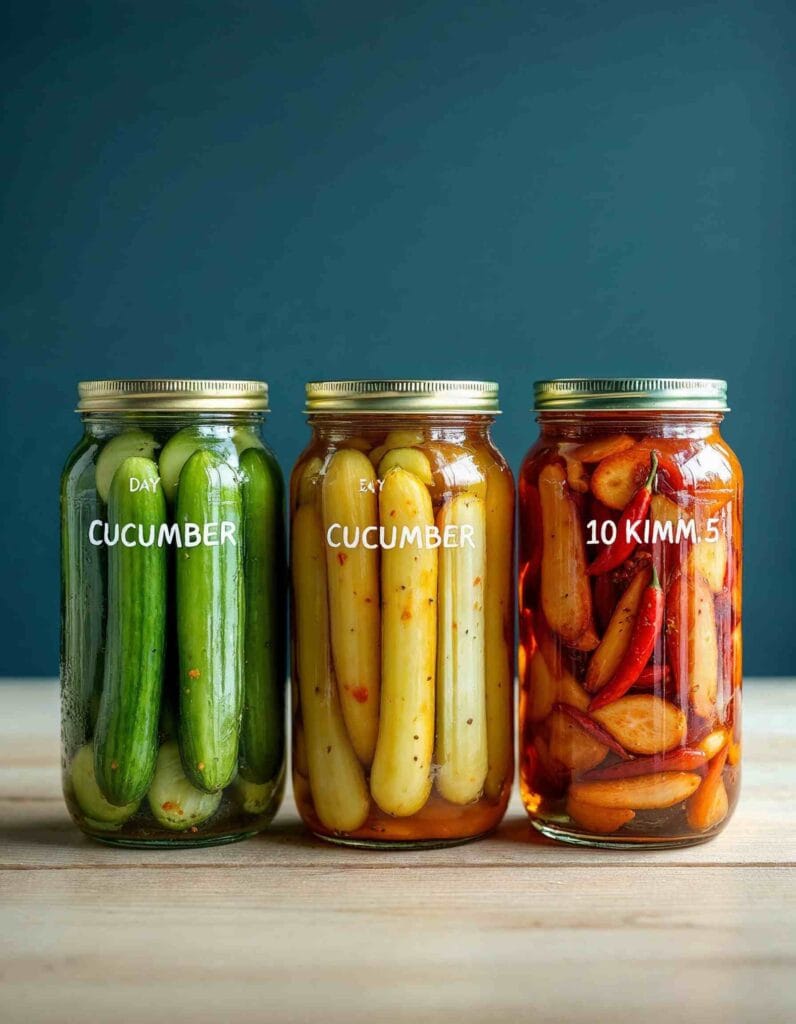 Cucumber kimchi at different fermentation stages.