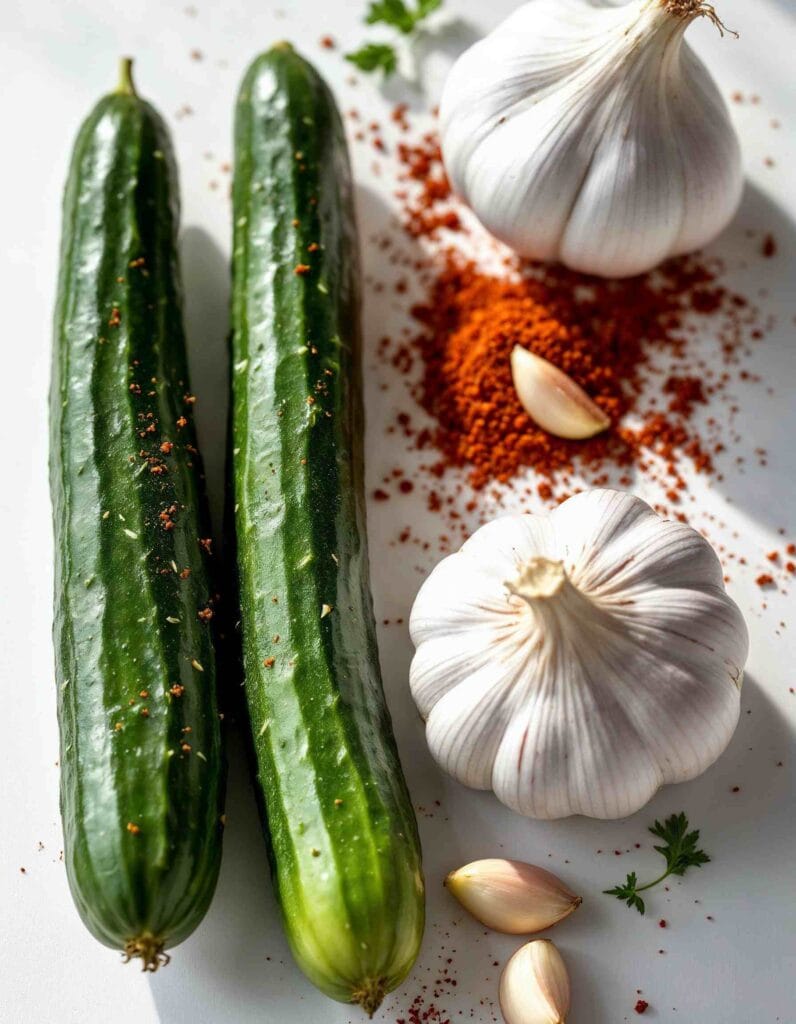 Healthy ingredients in cucumber kimchi like garlic and chili.