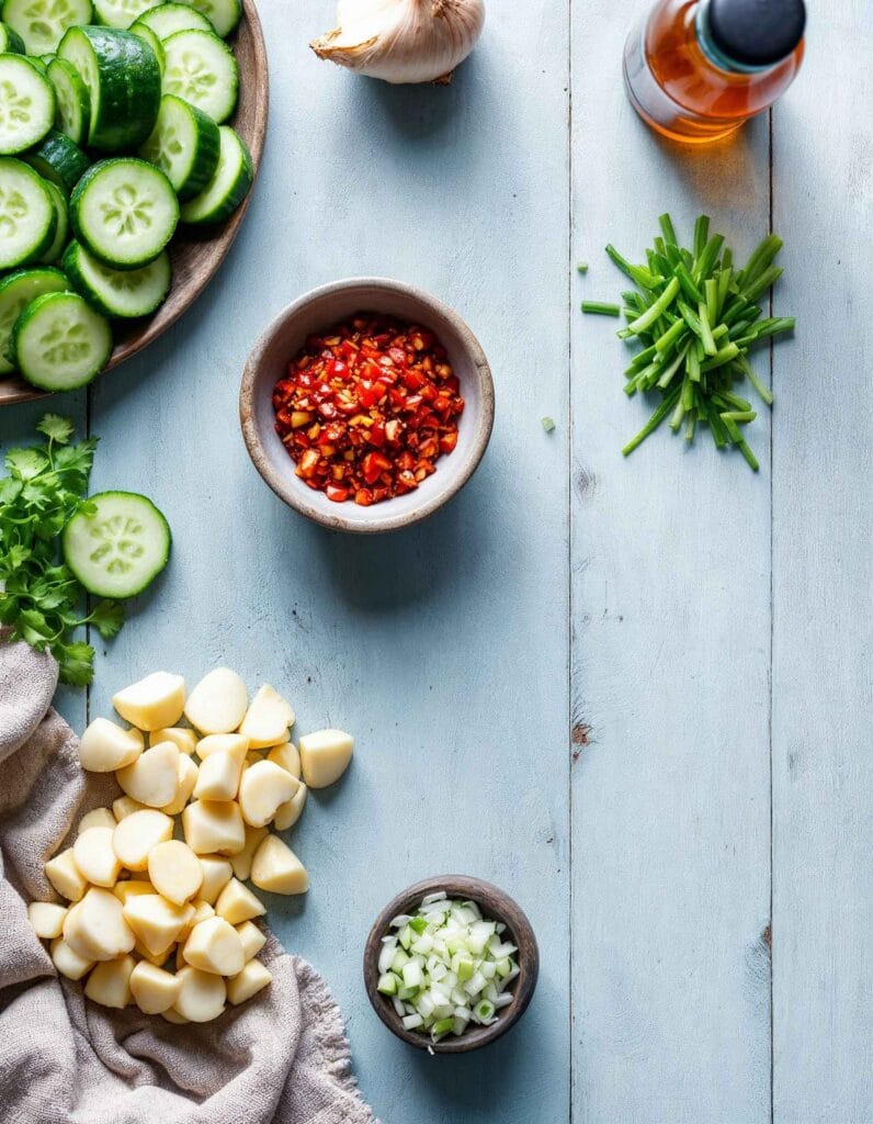 Ingredients for making cucumber kimchi laid out