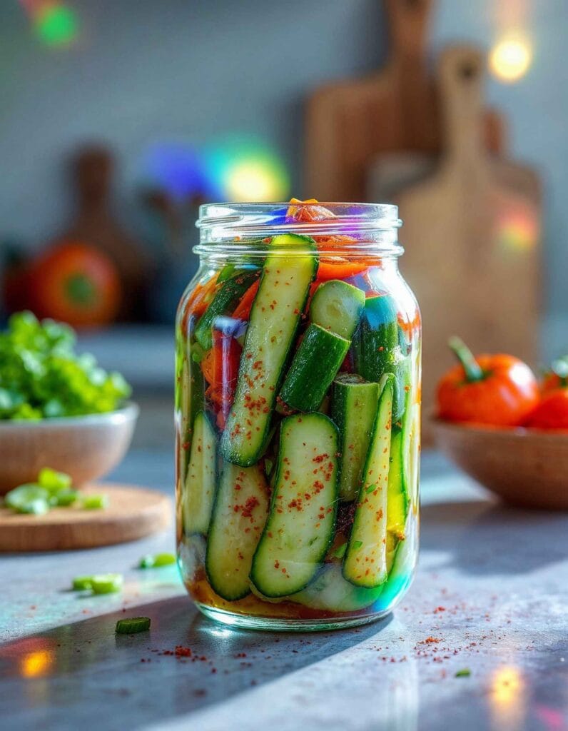 Cucumber kimchi fermenting in a glass jar