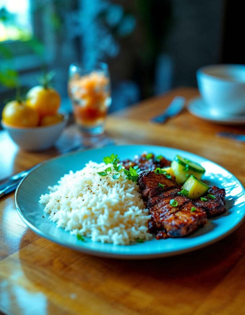 Cucumber kimchi served as a side dish with rice and grilled meat