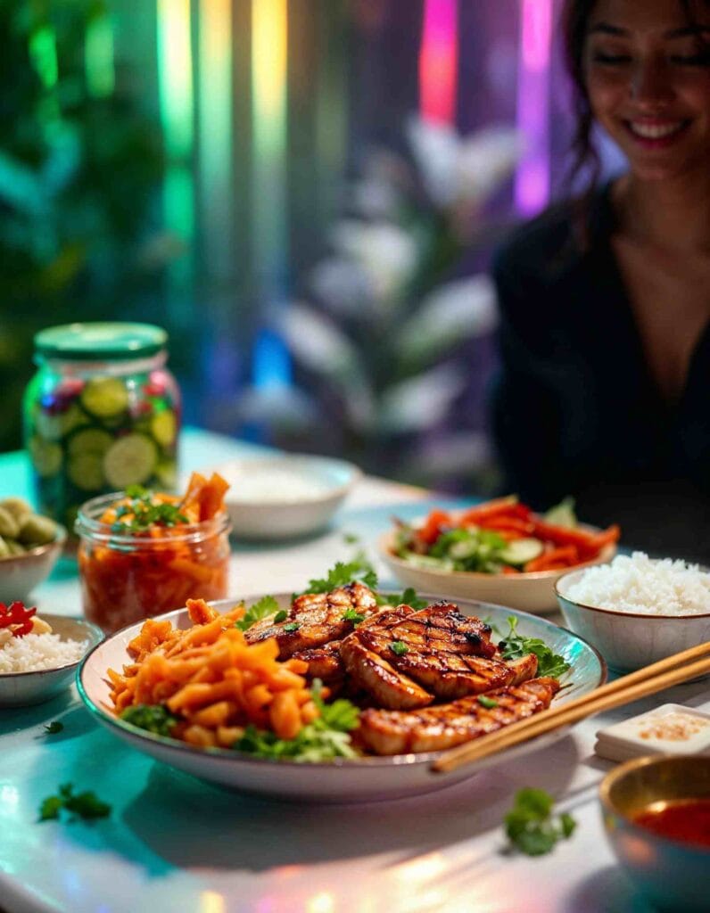 Cucumber kimchi served alongside Korean BBQ dishes.