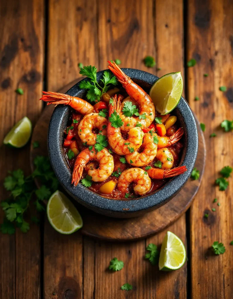 A seafood molcajete served sizzling with shrimp and vegetables