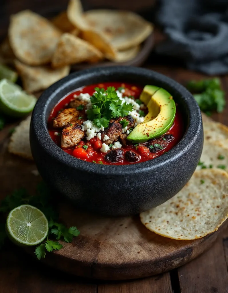 A fully garnished molcajete with avocado, cheese, and cilantro