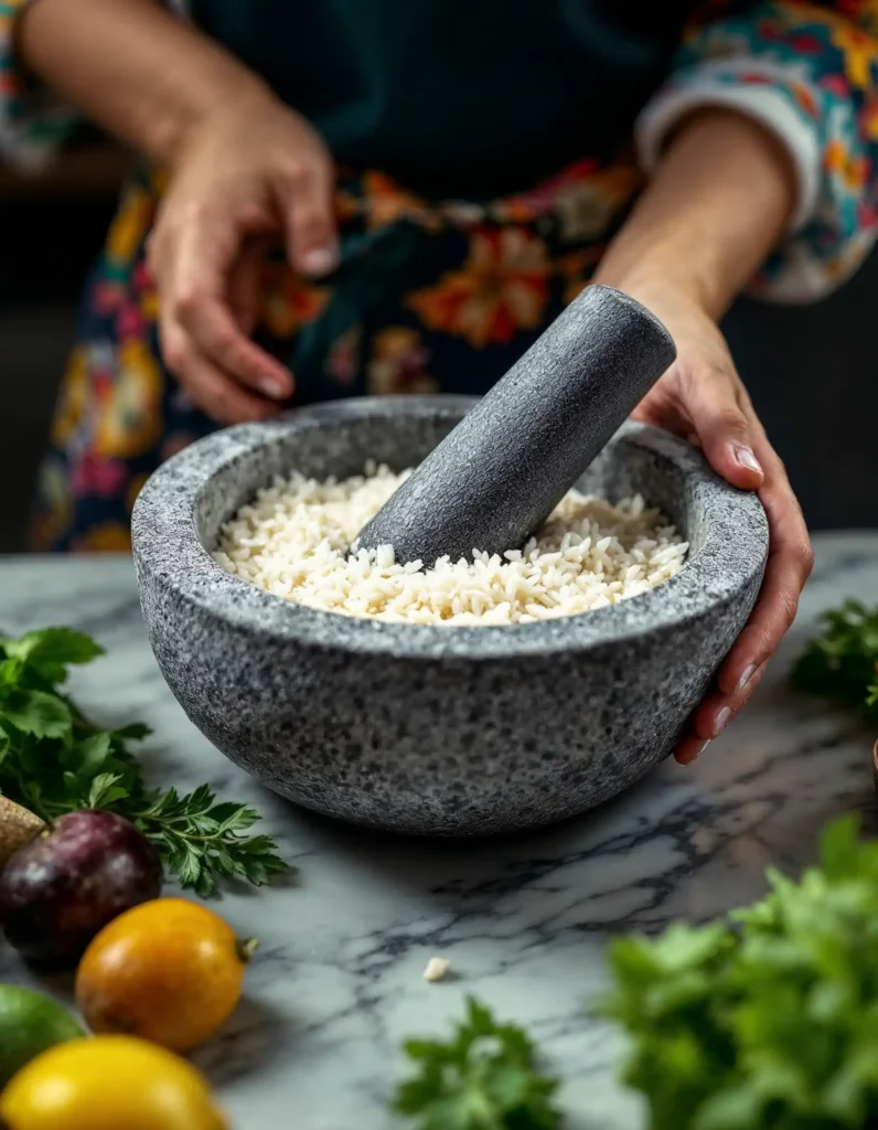 Cleaning a molcajete with rice