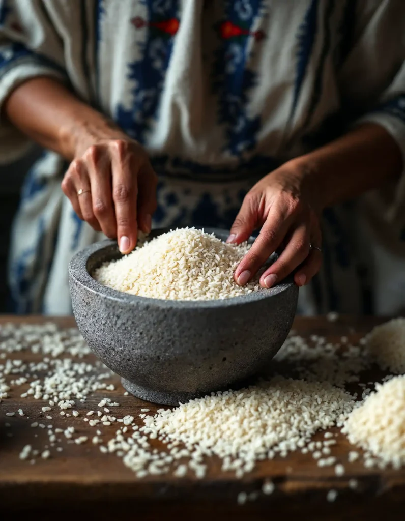 A person grinding rice in a molcajete as part of the seasoning process.