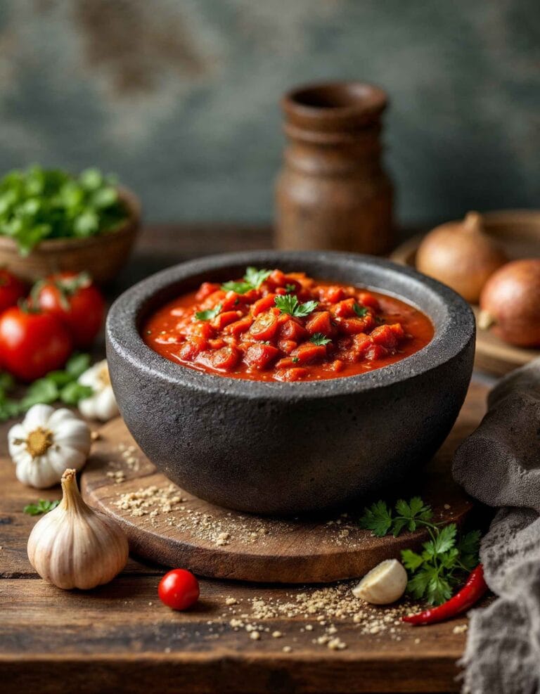 Traditional molcajete with sauce and fresh ingredients.