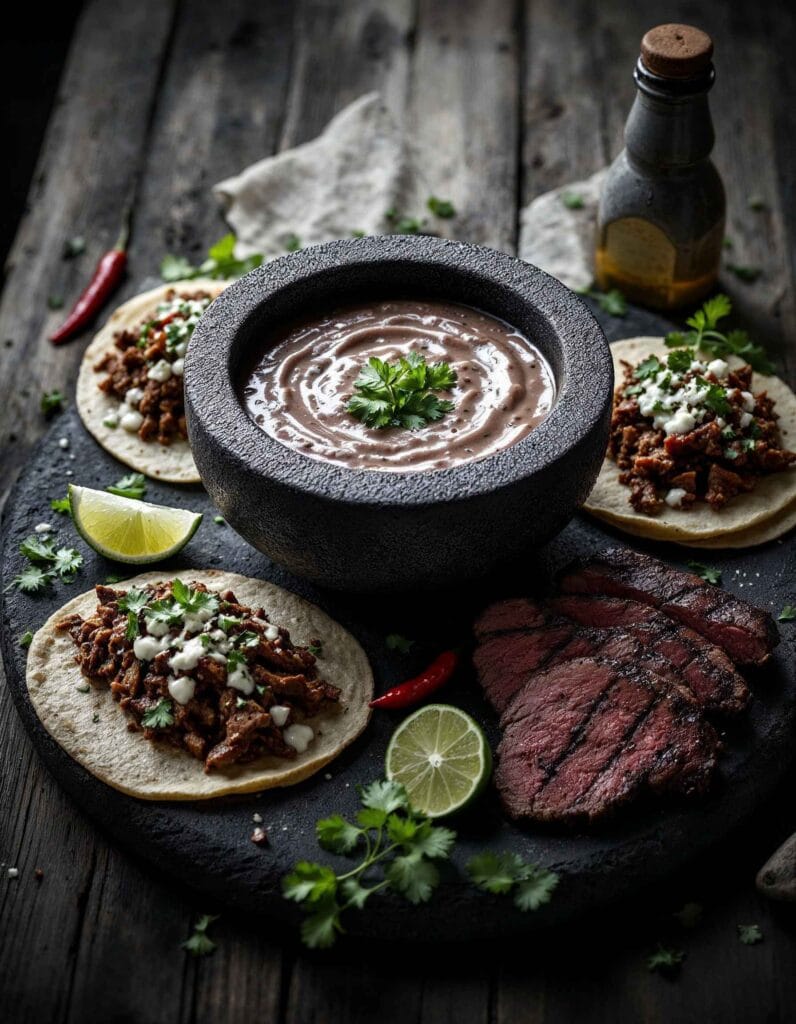 Molcajete sauce served with tacos and grilled meat.