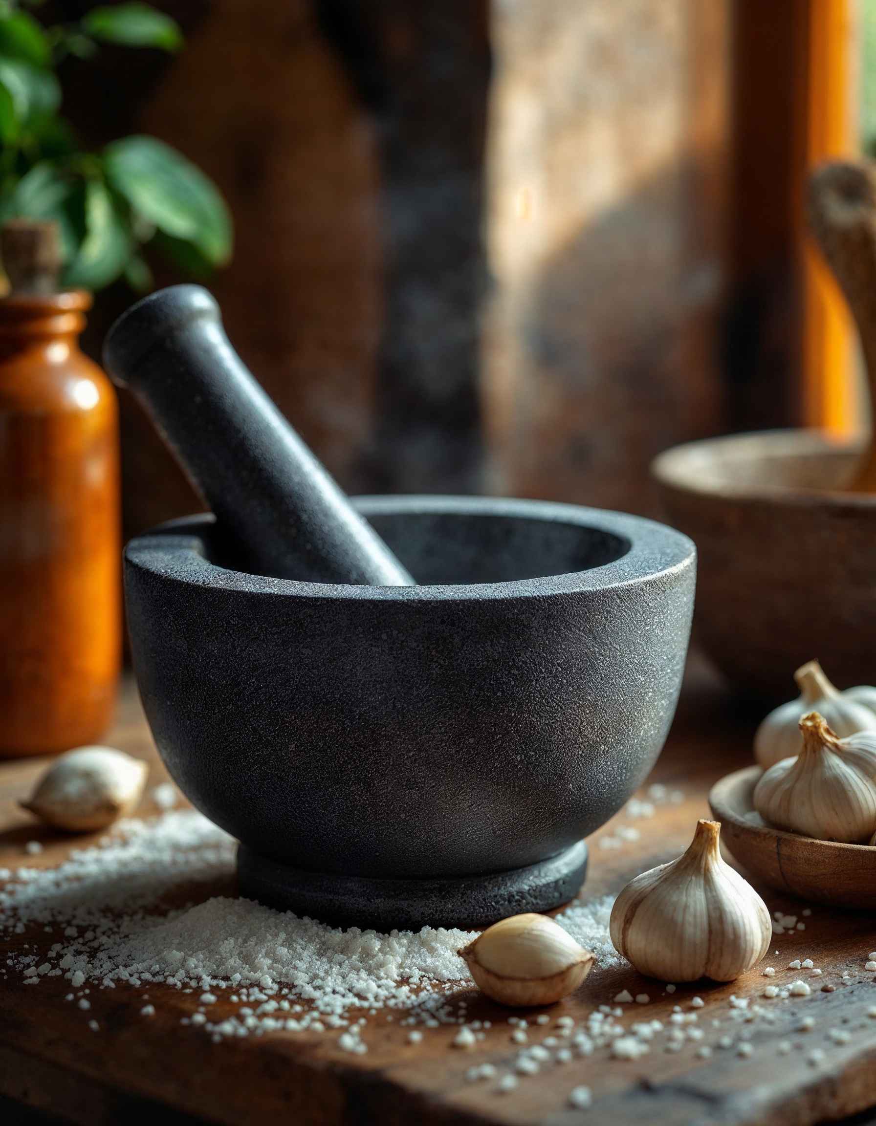 A clean and well-seasoned molcajete on a kitchen counter with garlic and rice.