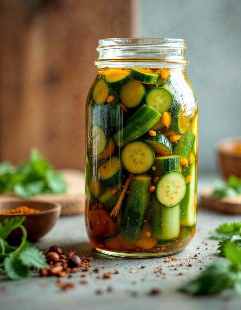 Cucumber kimchi with deeper red color in a fermentation jar, bubbles visible in the brine.