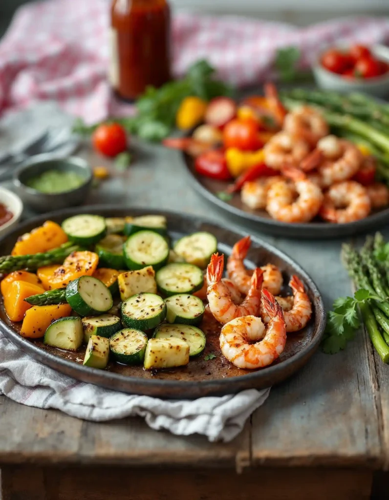 Grilled vegetables served alongside barbecue shrimp.