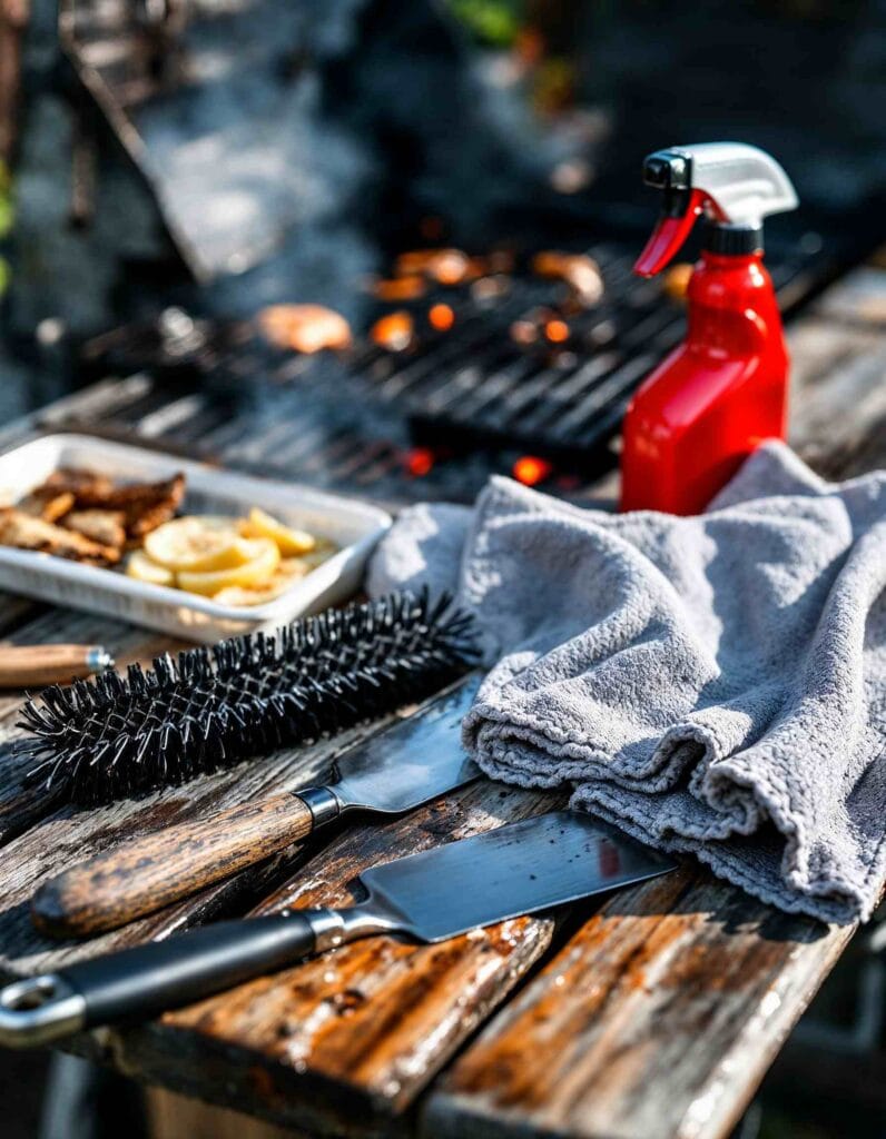 A collection of grill cleaning tools including a brush, scraper, degreaser, and gloves.