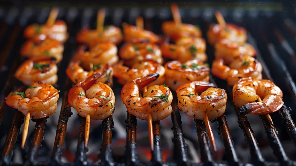 Shrimp grilling on a barbecue.