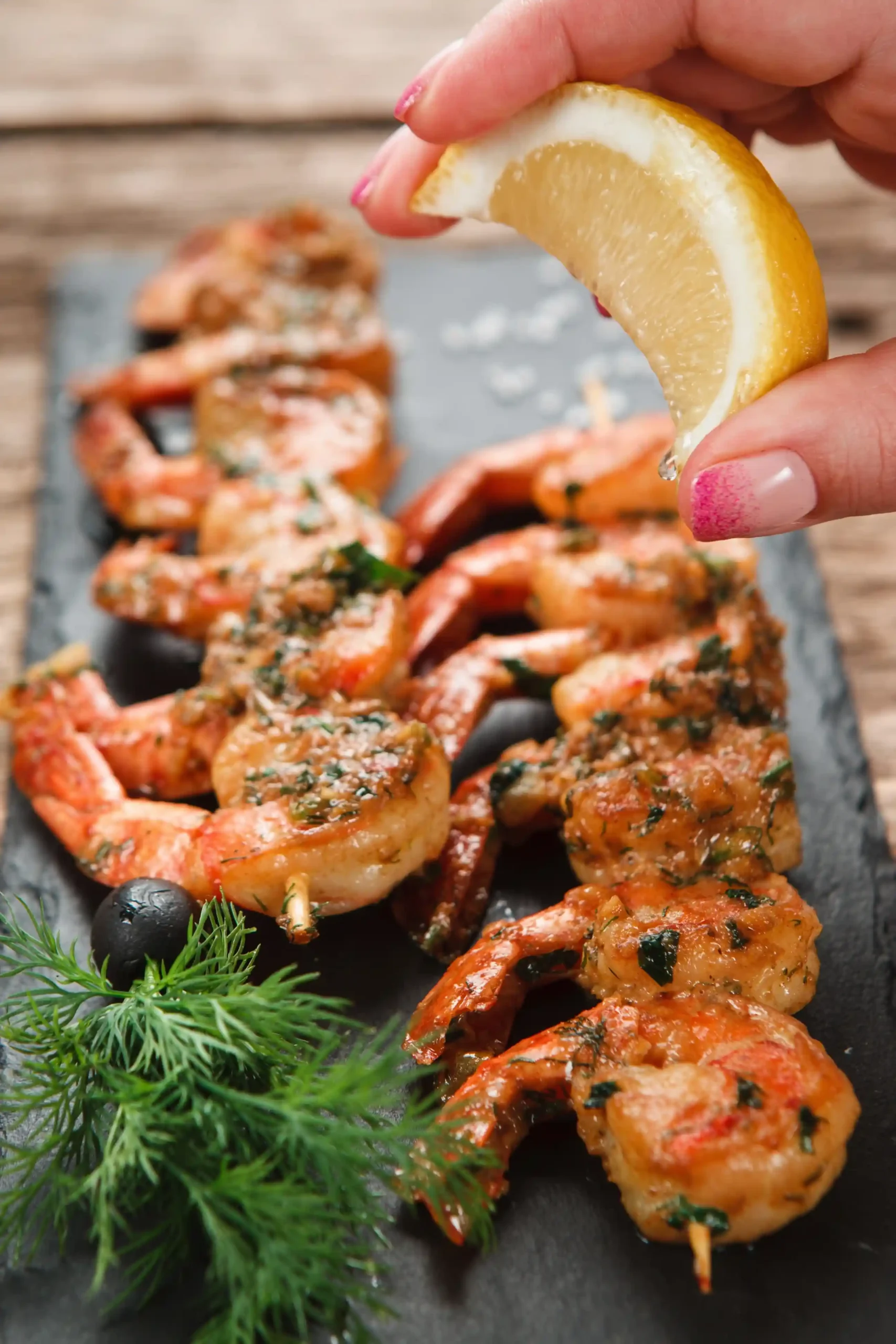 A plate of BBQ shrimp skewers with lemon wedges and parsley.