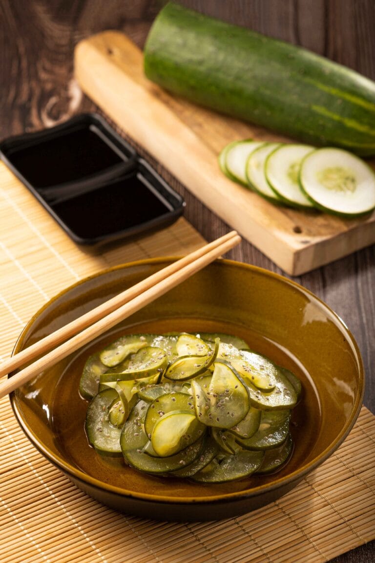 Fresh cucumber kimchi served in a white bowl