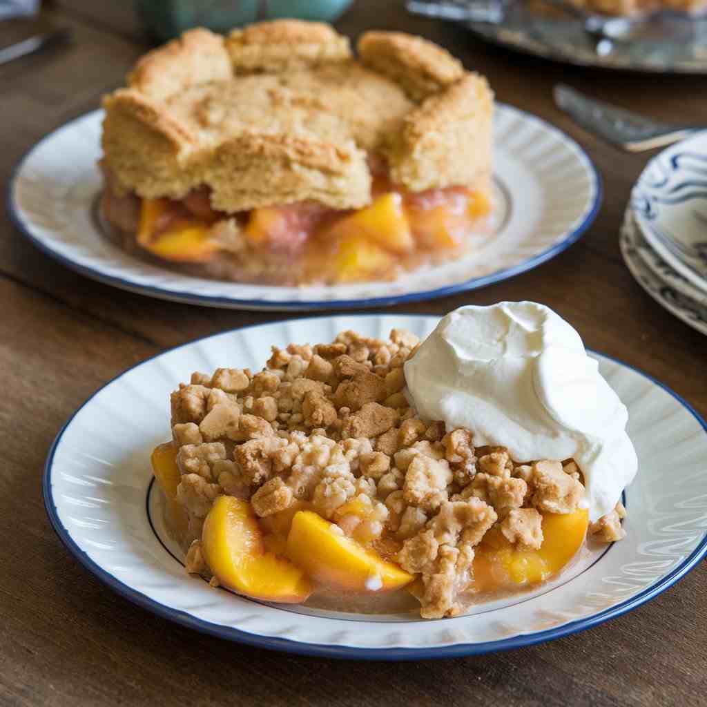 Side-by-side serving of peach cobbler and peach crumble on plates.